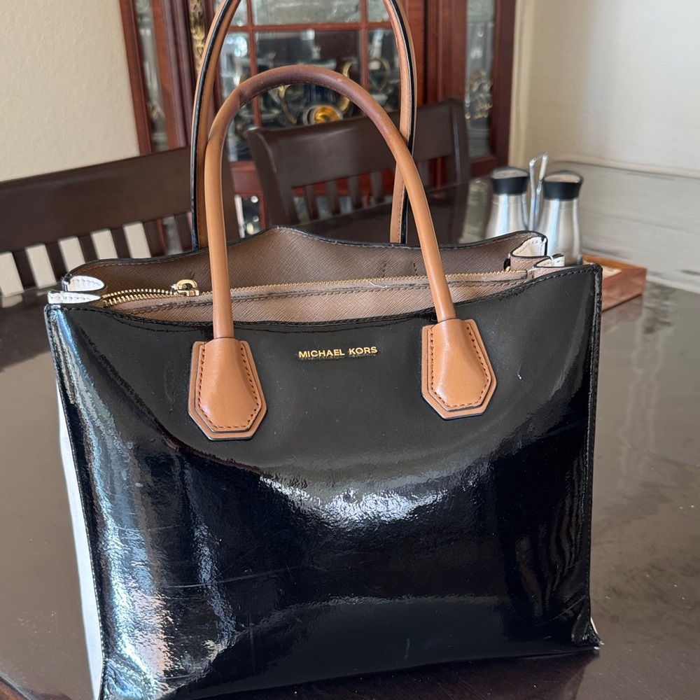Michael Kors Glossy Black Tote with Tan Handles